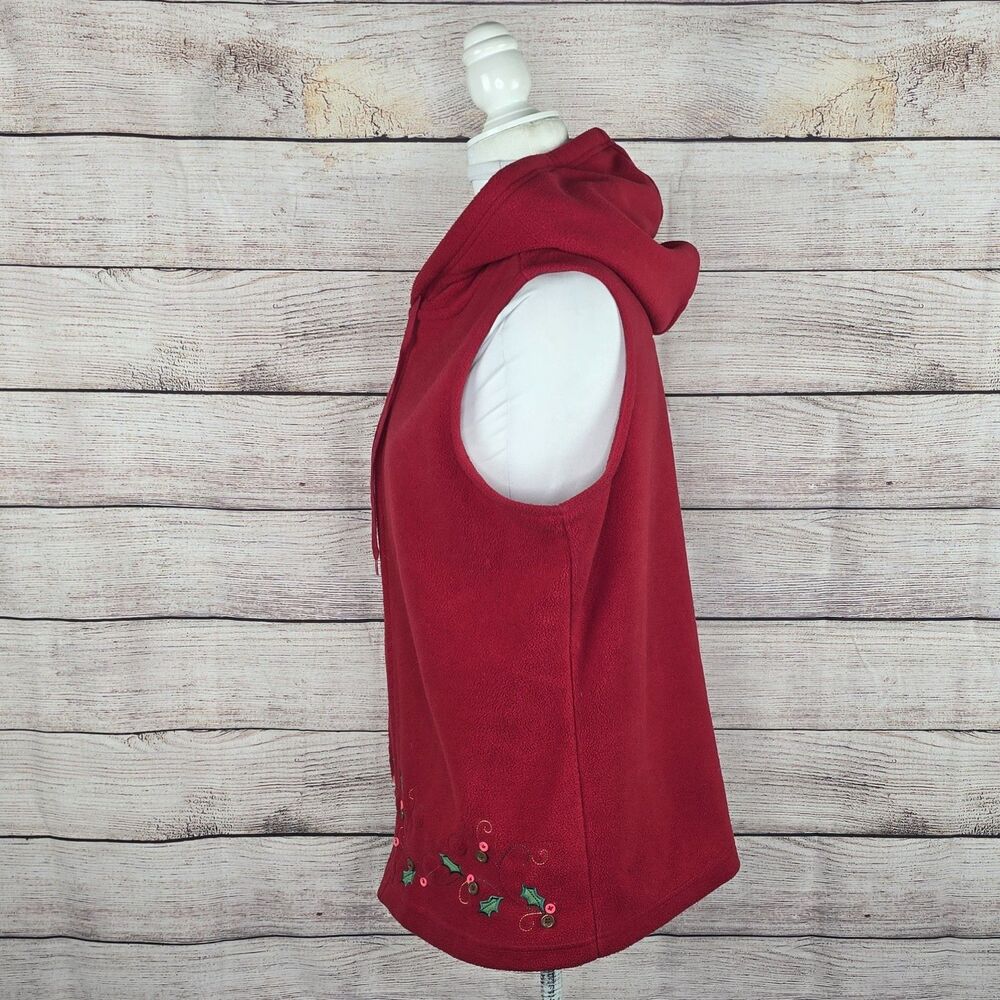Christopher & Banks Vintage Christmas Hooded Fleece Vest Embroidered Medium - Picture 2 of 8